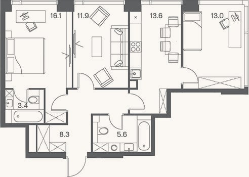 Планировка: 3-к, 71,9 м²
