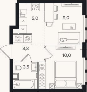 Планировка: 2-к, 31,3 м²