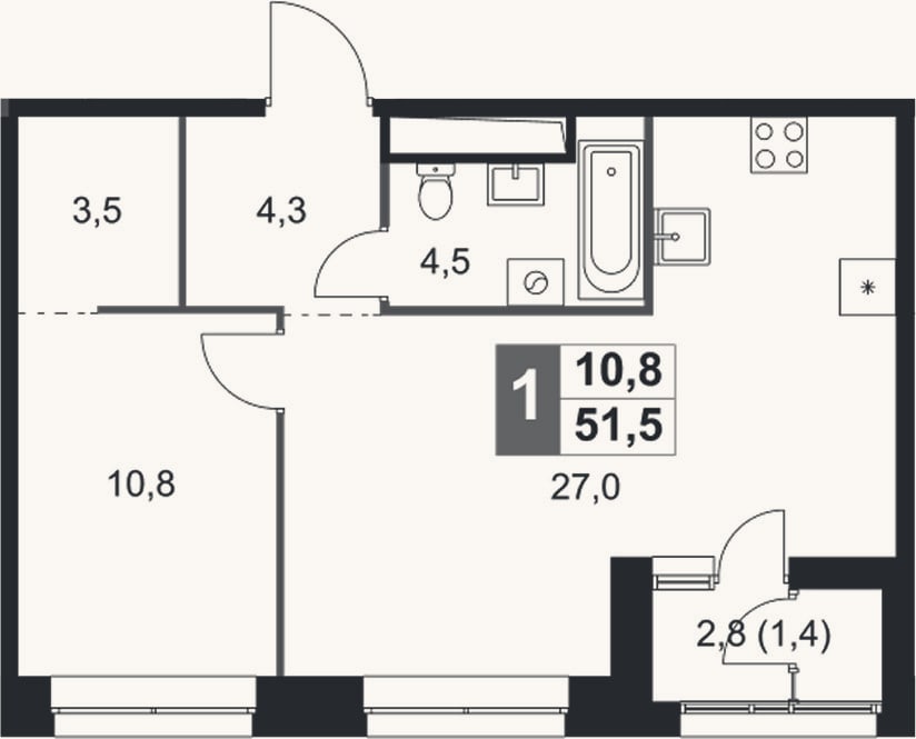 Планировка: 2-к, 50,1 м²
