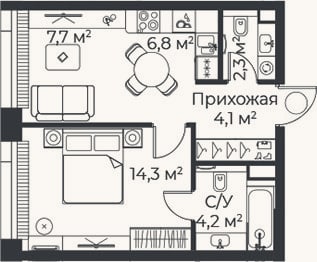 Планировка: 2-к, 39,3 м²
