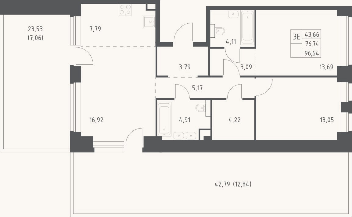 Планировка: 3-к, 76,7 м²