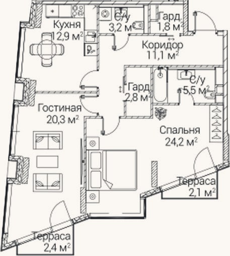 Планировка: 2-к, 78,6 м²