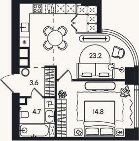 Планировка: 2-к, 46,3 м²