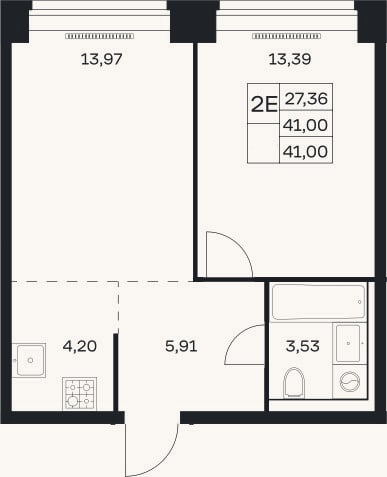 Планировка: 2-к, 41 м²