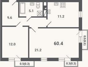 Планировка: 2-к, 59,1 м²