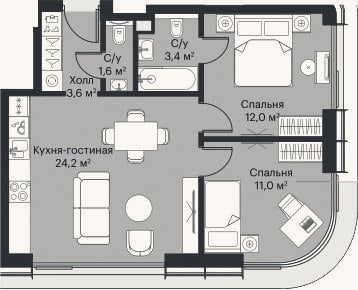 Планировка: 3-к, 54,6 м²