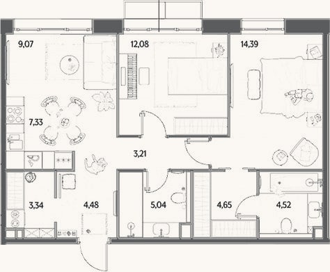 Планировка: 3-к, 68,1 м²