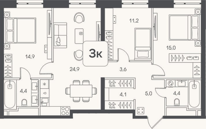 Планировка: 3-к, 87,5 м²