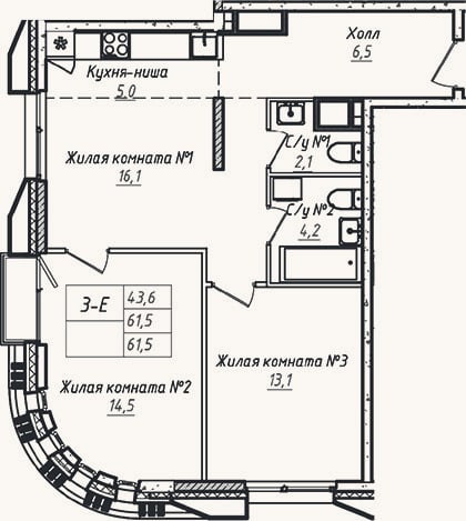 Планировка: 3-к, 61,5 м²