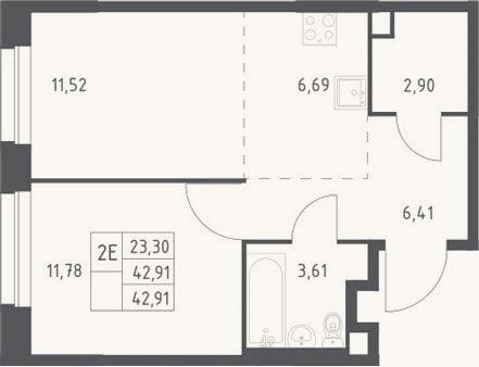 Планировка: 2-к, 42,9 м²