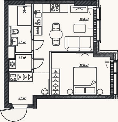 Планировка: 2-к, 41,2 м²
