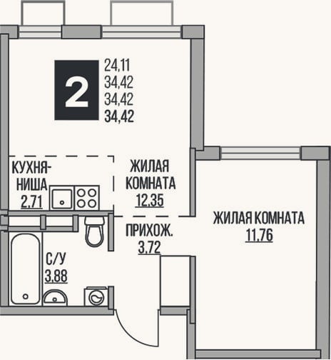 Планировка: 2-к, 34,4 м²