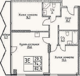 Планировка: 3-к, 74,2 м²
