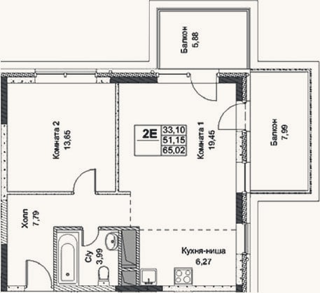 Планировка: 2-к, 51,2 м²