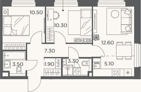 Планировка: 3-к, 54,5 м²