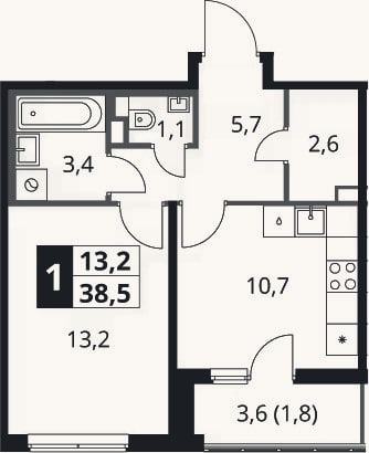 Планировка: 1-к, 36,7 м²