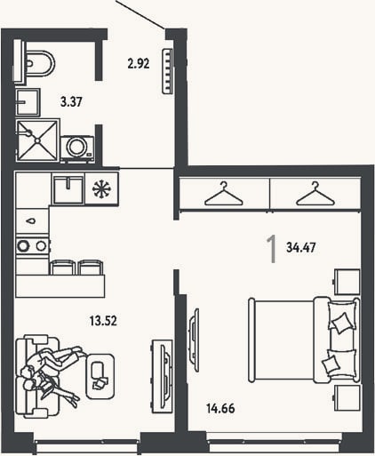 Планировка: 1-к, 34,5 м²