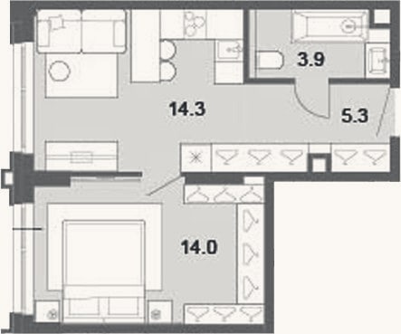 Планировка: 2-к, 37,5 м²