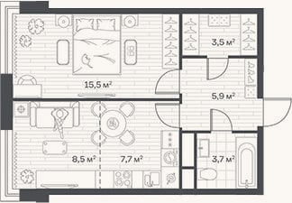 Планировка: 2-к, 44,8 м²