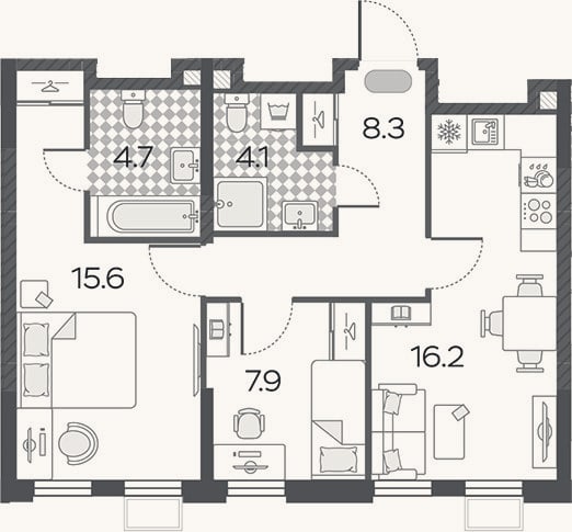 Планировка: 3-к, 56,8 м²