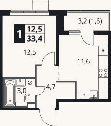 Планировка: 1-к, 31,8 м²