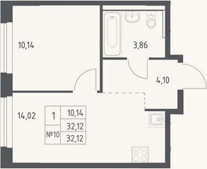 Планировка: 2-к, 32,1 м²