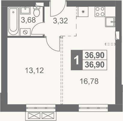 Планировка: 1-к, 36,9 м²