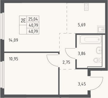 Планировка: 2-к, 40,8 м²