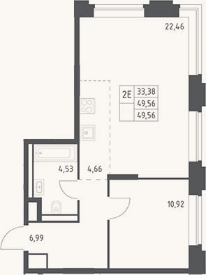 Планировка: 2-к, 49,6 м²