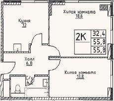 Планировка: 2-к, 55,8 м²