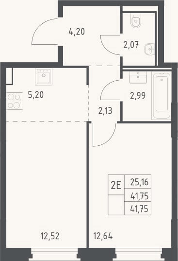 Планировка: 2-к, 41,8 м²