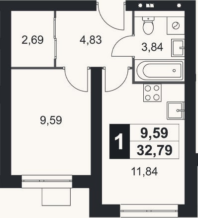 Планировка: 1-к, 32,8 м²