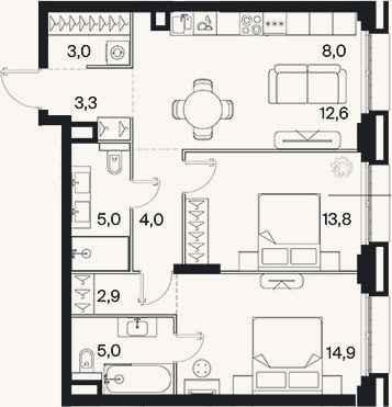 Планировка: 3-к, 72,6 м²