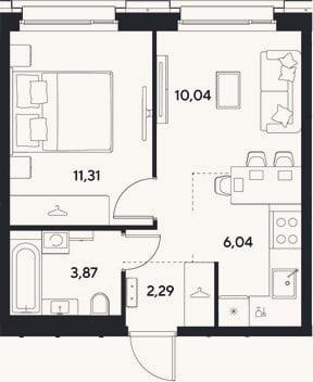 Планировка: 2-к, 33,6 м²