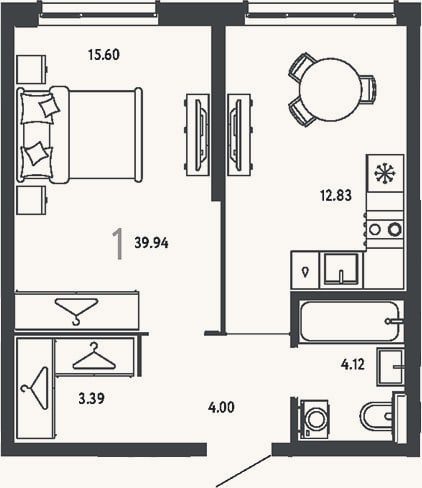 Планировка: 1-к, 39,9 м²