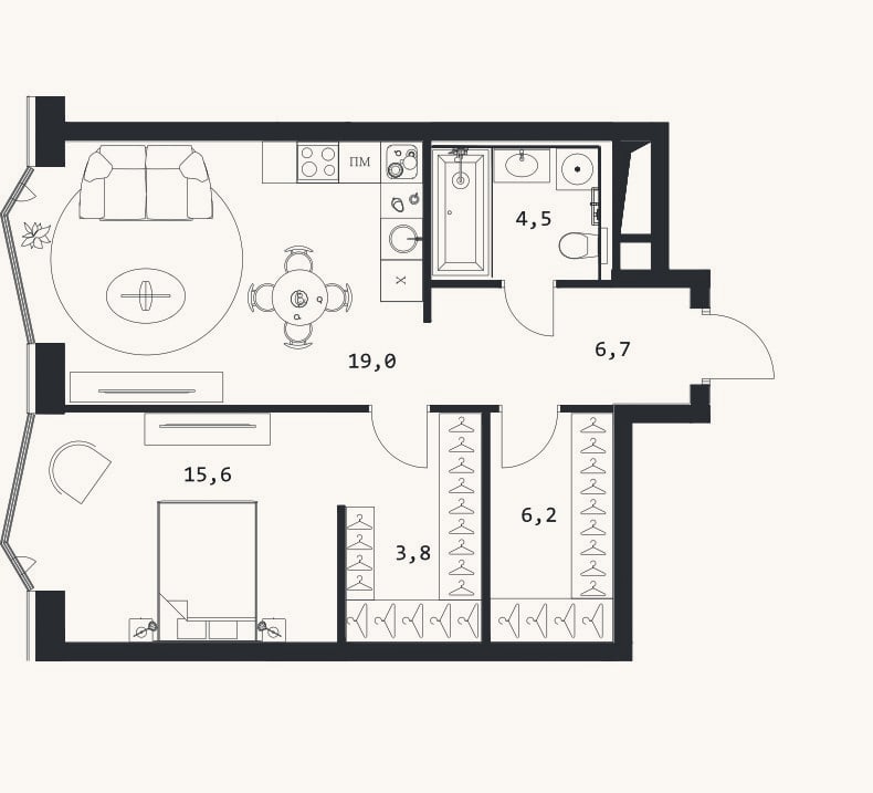 Планировка: 2-к, 55,8 м²