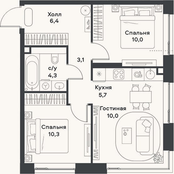 Планировка: 3-к, 49,8 м²