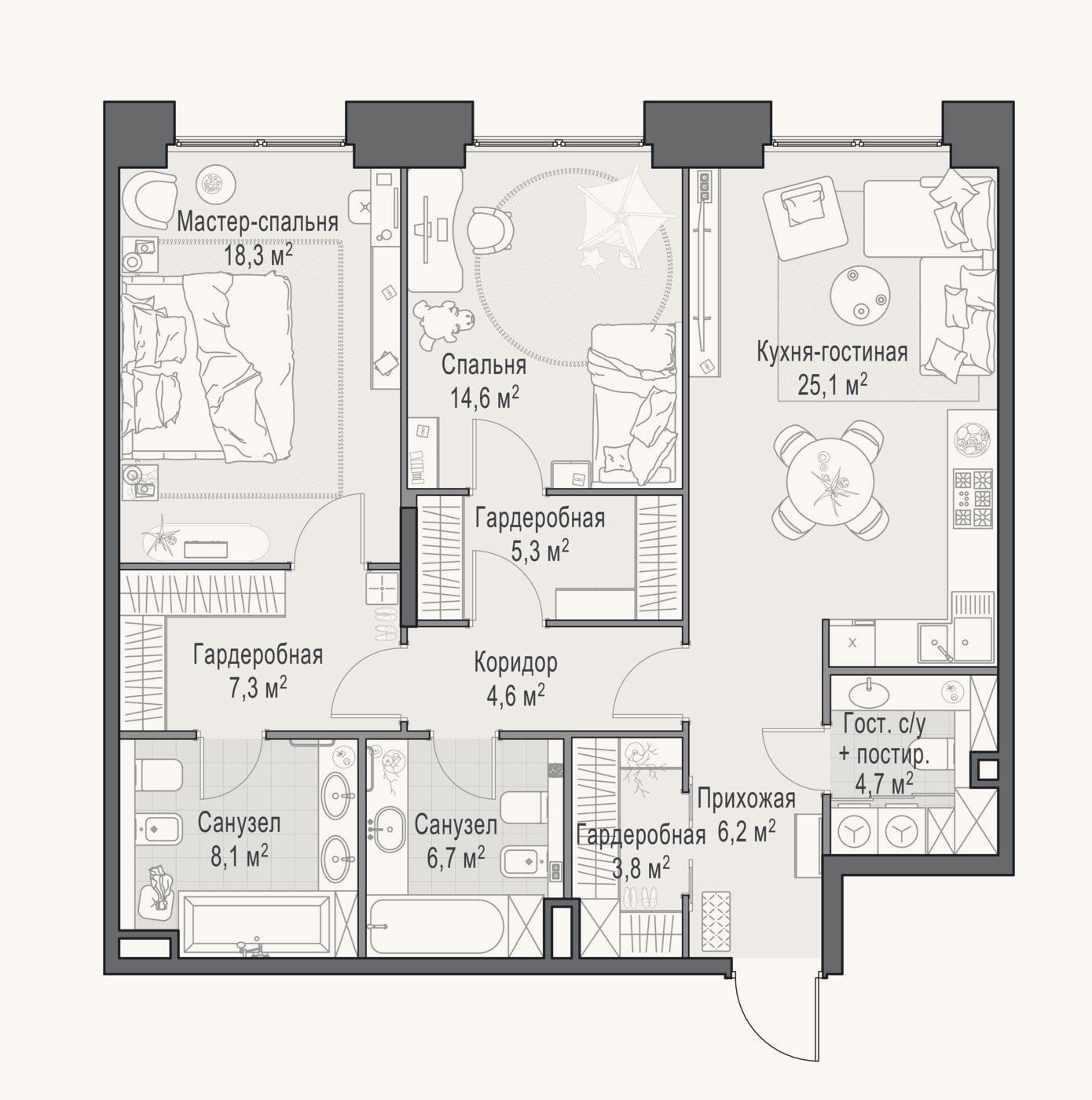 Планировка: 3-к, 105,8 м²