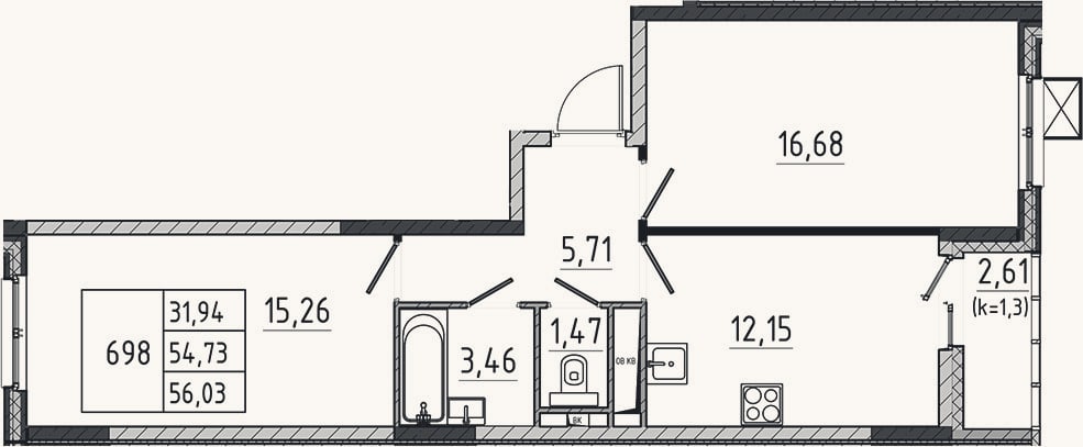 Планировка: 2-к, 54,7 м²