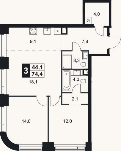 Планировка: 3-к, 74,4 м²