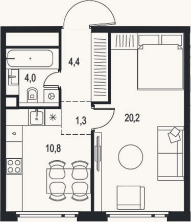 Планировка: 1-к, 40,7 м²