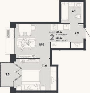 Планировка: 2-к, 33,6 м²