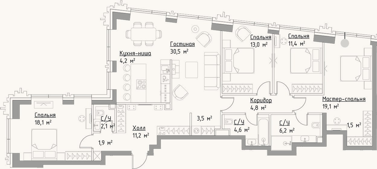 Планировка: 4+ к, 132,1 м²