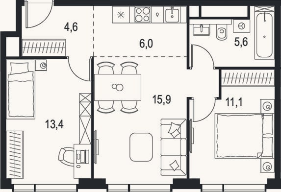 Планировка: 3-к, 56,6 м²