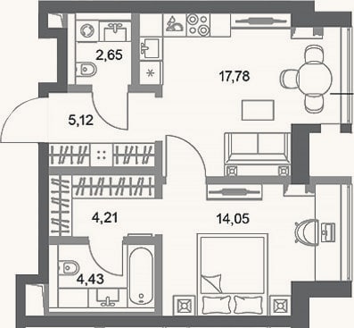 Планировка: 1-к, 48,2 м²