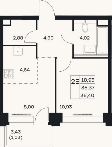 Планировка: 2-к, 35,4 м²