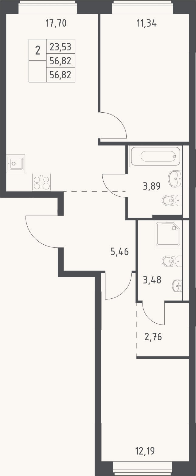 Планировка: 3-к, 56,8 м²