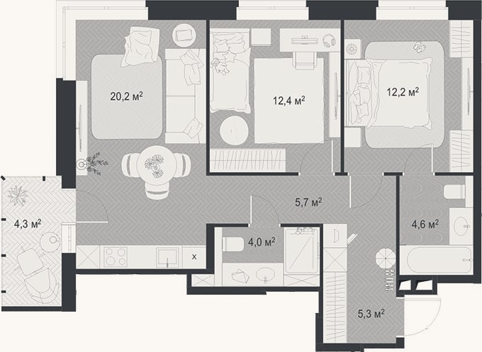 Планировка: 3-к, 64,4 м²