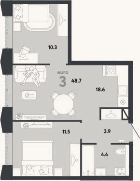 Планировка: 3-к, 48,7 м²