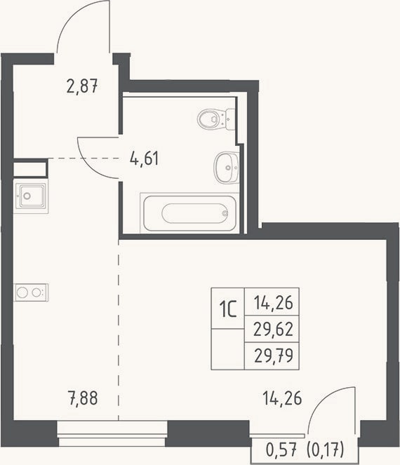 Планировка: Студия, 29,6 м²